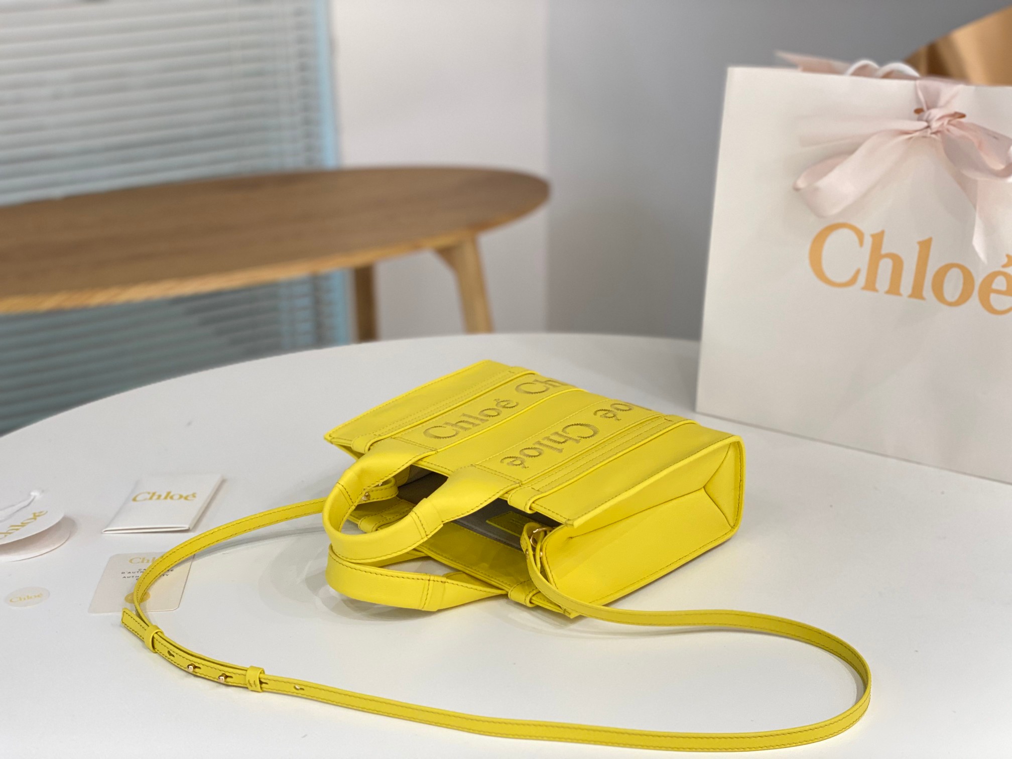 Chloe Small Woody Tote Bag In Yellow Soft Smooth Calfskin Leather